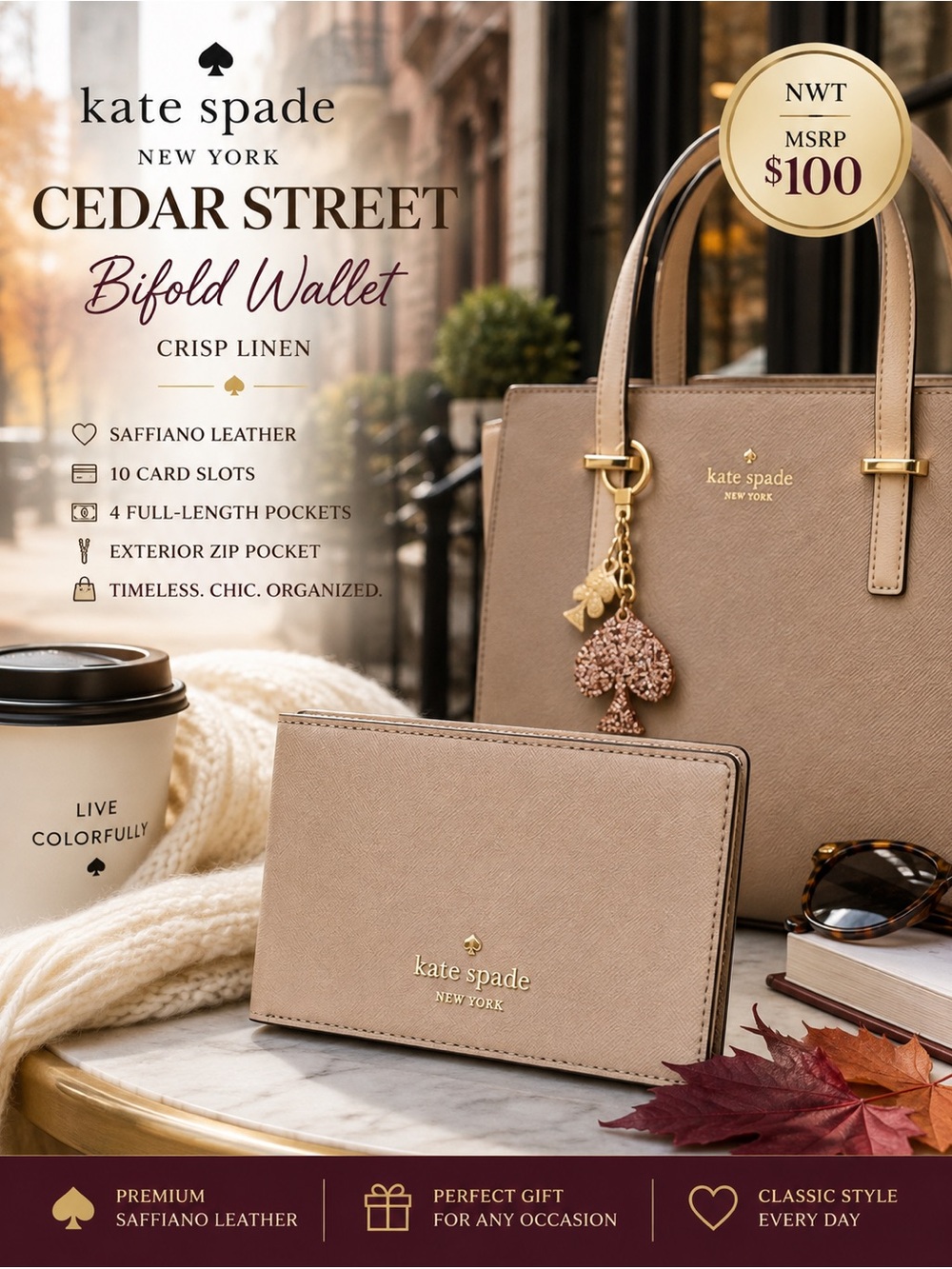 KATE SPADE CEDAR STREET Bifold Cedar Street Wallet in Crisp Linen NEW MSRP $100